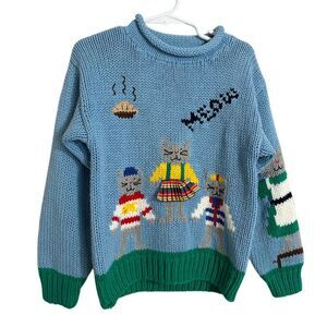 VTG Handknits By BJ Knit Sweater M 5-6 Cats Meow Mock Long Sleeve Kitschy